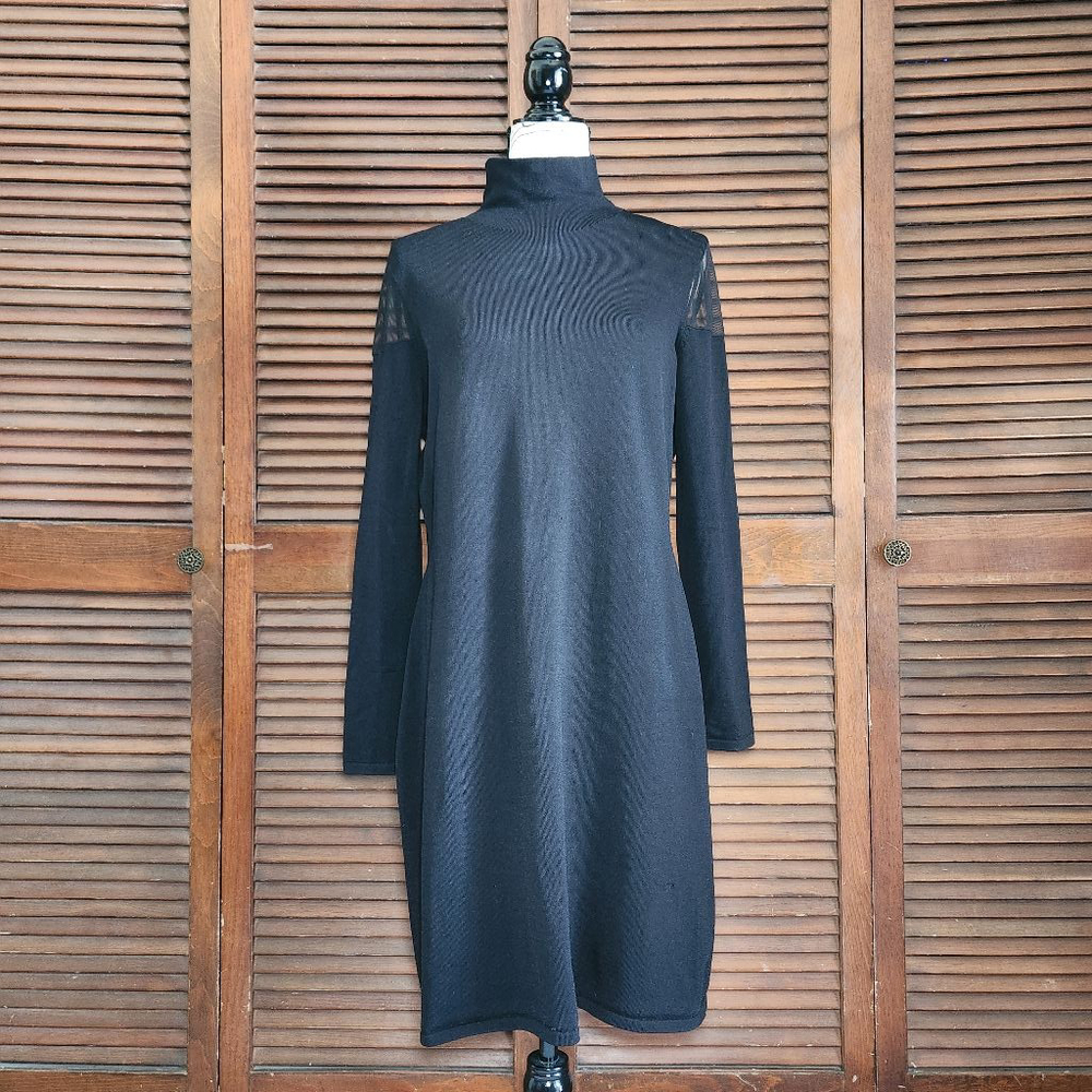 Lauren Ralph Lauren Black Mesh Shoulder Long Sleeve Mock Neck Dress Womens XL